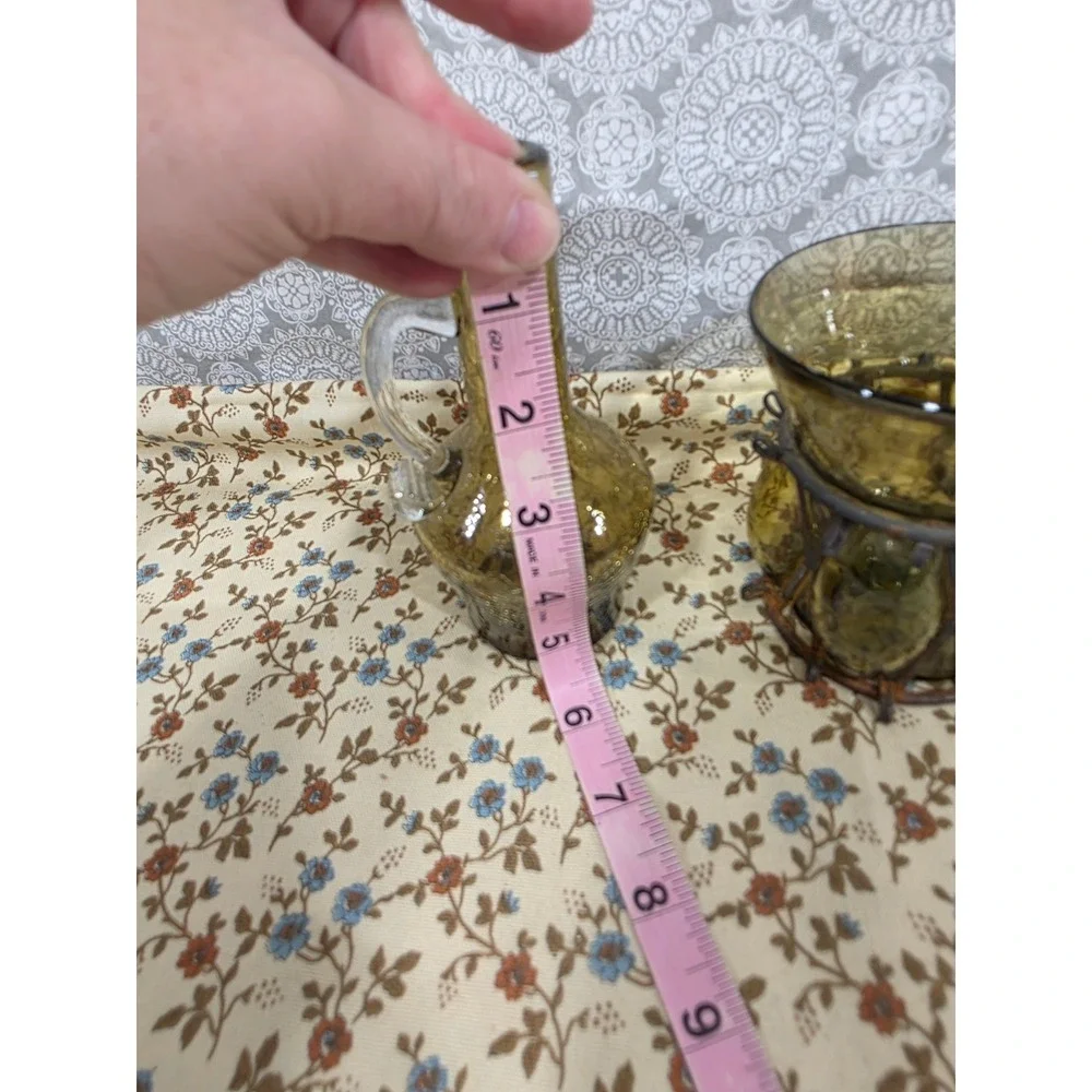 Vintage Crackle Glass Vases Olive Brown Pitcher with Caged‎ Glass Stand Boho Set